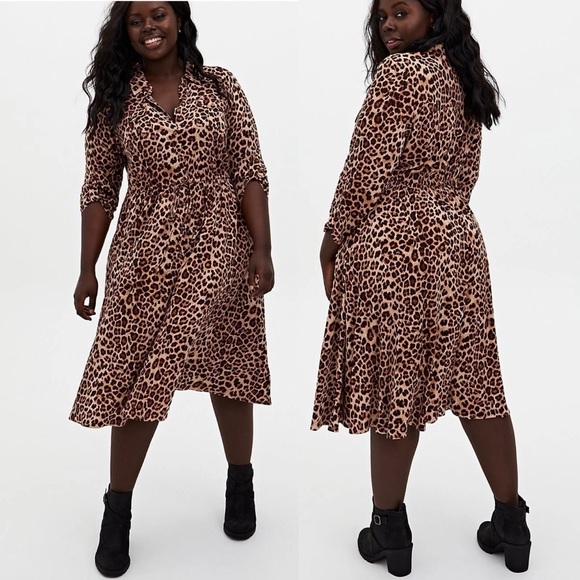 Torrid Leopard Shirt Dress Plus Size 3X Midi Challis Button Up Drawstring Waist - Picture 1 of 10